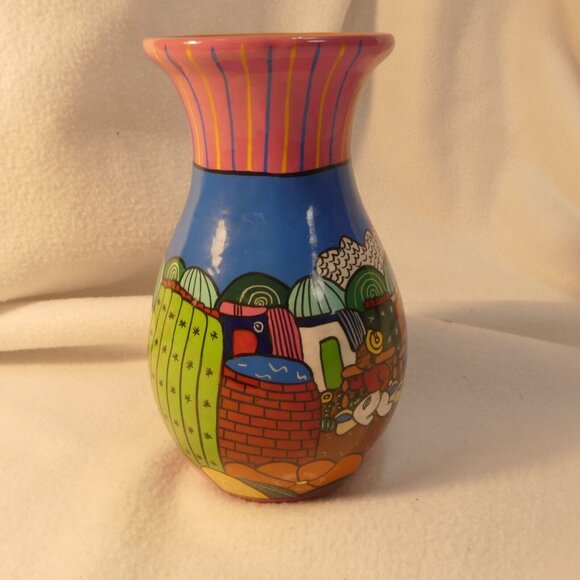 Couumel Island Mexico Brightly Colored Painted Vase Village Scene Hand Crafted - Picture 5 of 9